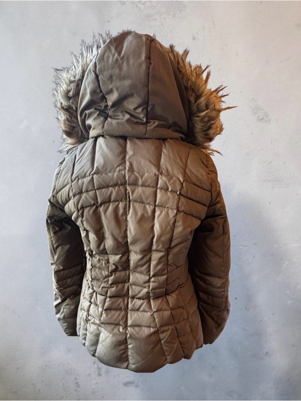Calvin Klein Taupe Puffer Coat with Faux-Fur Trimmed Hood - Picture 2 of 7